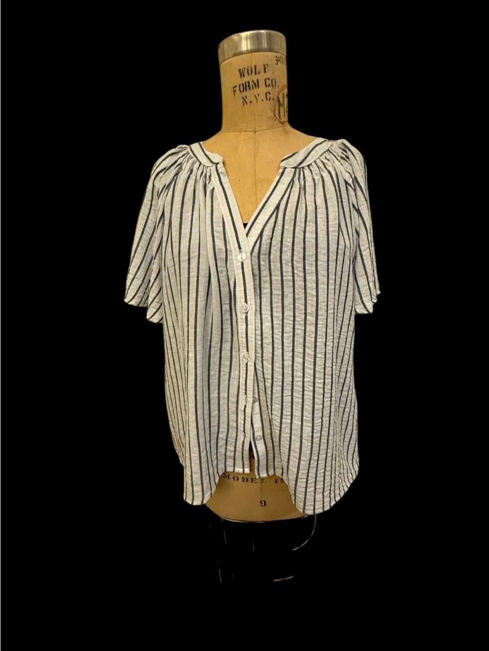 Lucky & Coco Short Sleeve Vertical Stripe Button-Down Top - Black & White X